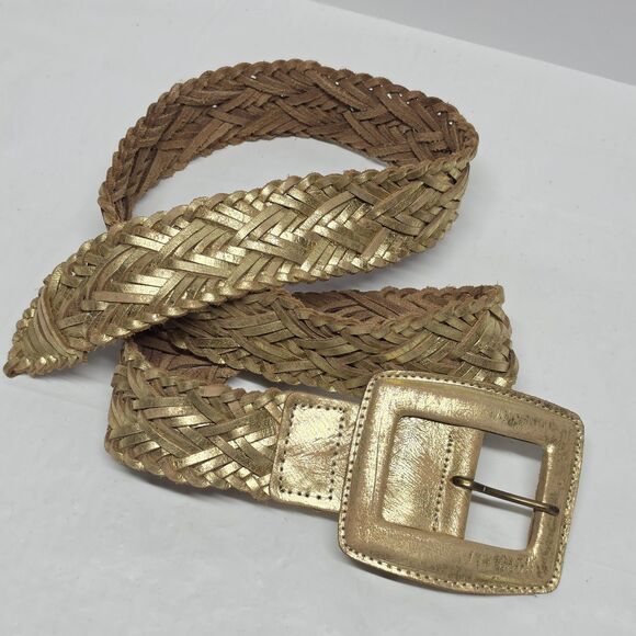VTG Simply Vera Wang Metallic Distressed Gold Braided Woven Wide Belt XL Boho
